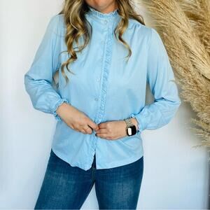 VINTAGE Light Blue Long Sleeve Ruffle High Neck Button Down Blouse Shirt Top M